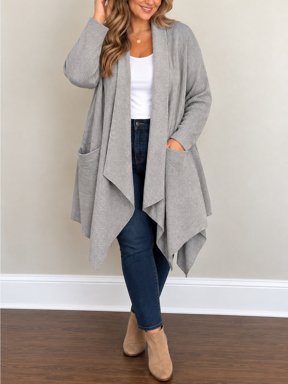 Signature Studio Gray Open-Front Draped Cardigan with Pockets